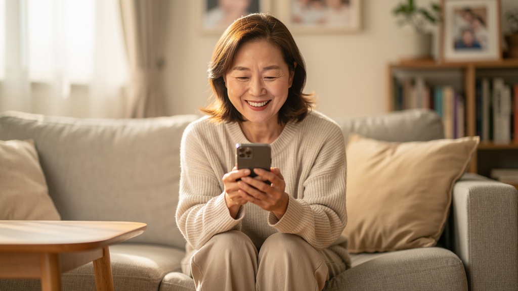 핸드폰으로 부모님 건강 리포트를 확인하며 환하게 웃는 딸