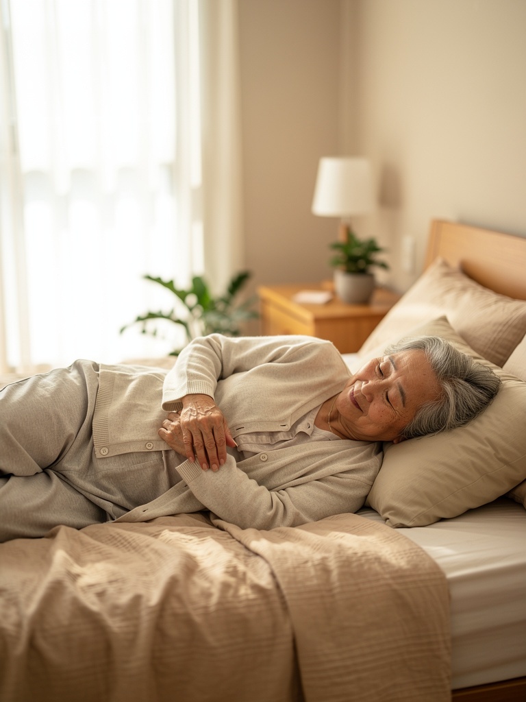 편안하게 침대에 누워계신 한국인 어머니