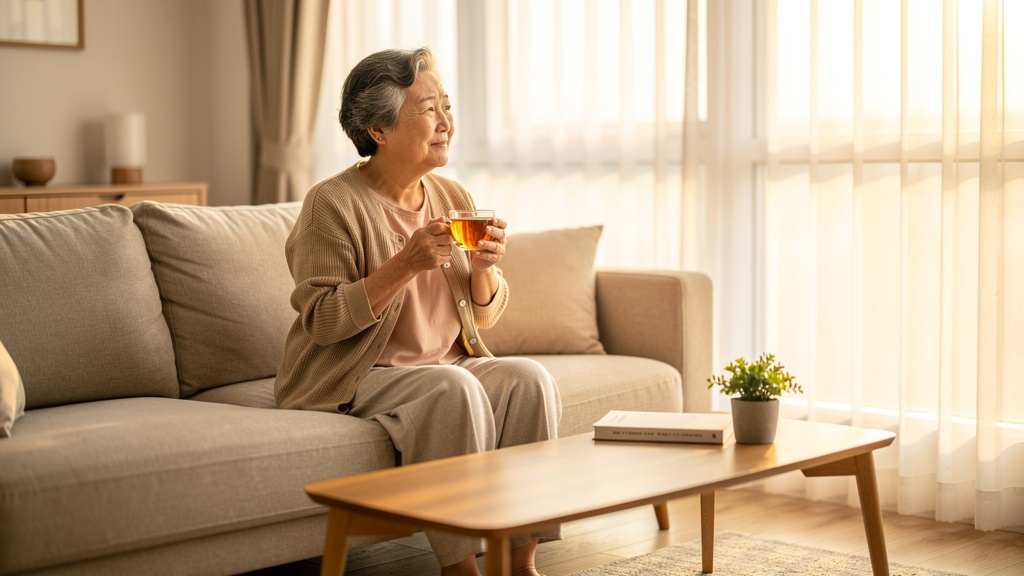 혼자 여유롭게 차를 마시는 한국인 어머니