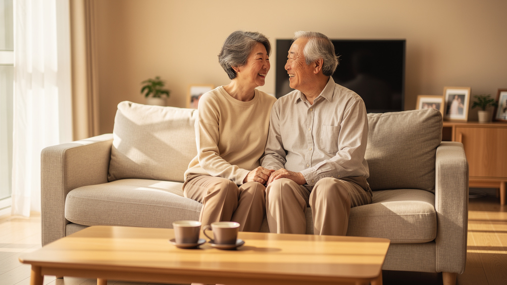 따뜻한 거실에서 함께 시간을 보내는 한국인 부부